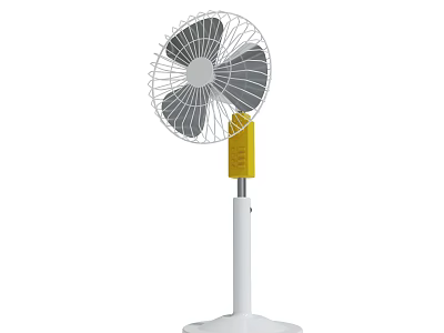 White Standing Floor Fan With Yellow Control Panel And Gray Blades 3d model