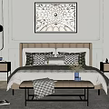 Modern Double Bed Room With Nightstands Lamps Decorative Painting And Foot Bench