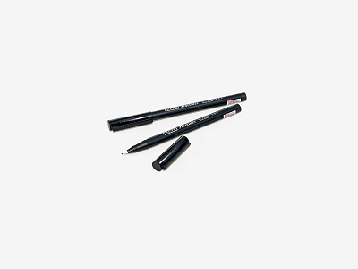 Three Black Writing Pens Featuring Two Covered Caps And One Exposed Tip 3d model