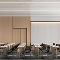 Modern Conference Room With Large Windows 10 Screen Long Tables Black Chairs And Podium