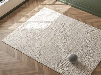 Woven Beige Square Rug on Herringbone Wooden Floor with Gray Decorative Ball 3d model