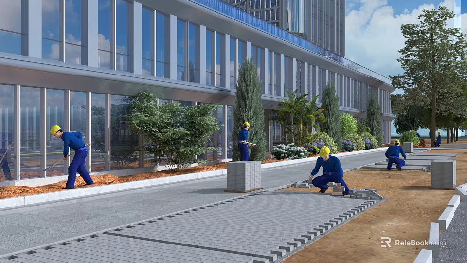 Road Infrastructure Construction With Workers Laying Paving Bricks Near Modern Building And Landscaping 3d model 