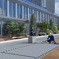 Road Infrastructure Construction With Workers Laying Paving Bricks Near Modern Building And Landscaping
