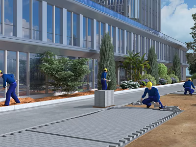 Road Infrastructure Construction With Workers Laying Paving Bricks Near Modern Building And Landscaping 3d model