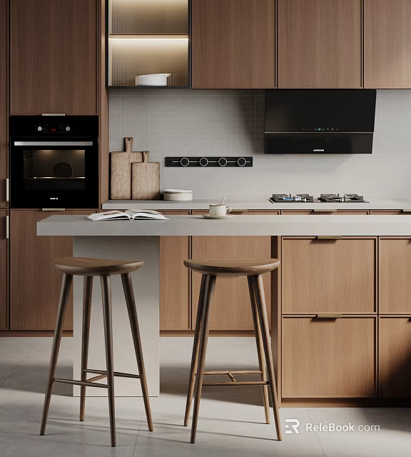Modern Kitchen Interior With Wooden Cabinets Countertop Open Book Cup And Bar Stools 3d model 