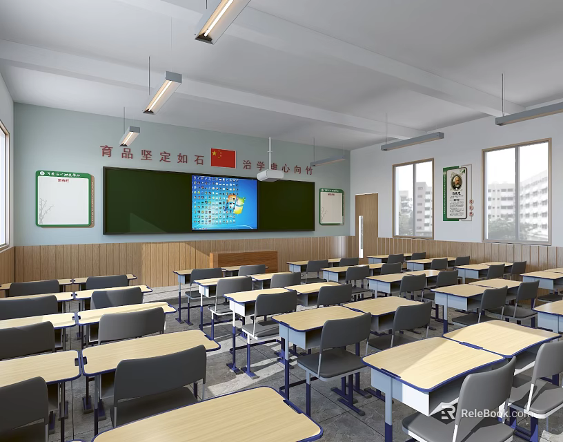 Bright School Classroom With Desks Chairs Blackboard Multimedia Screen Slogans And Windows 3d model 