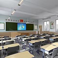 Bright School Classroom With Desks Chairs Blackboard Multimedia Screen Slogans And Windows