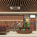 Tobacco and Alcohol Store Interior with Shelves Product Displays Two People and Green Plants