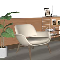 Beige Leather Leisure Chair With Wooden Legs Green Plant And Wooden Wall Decor