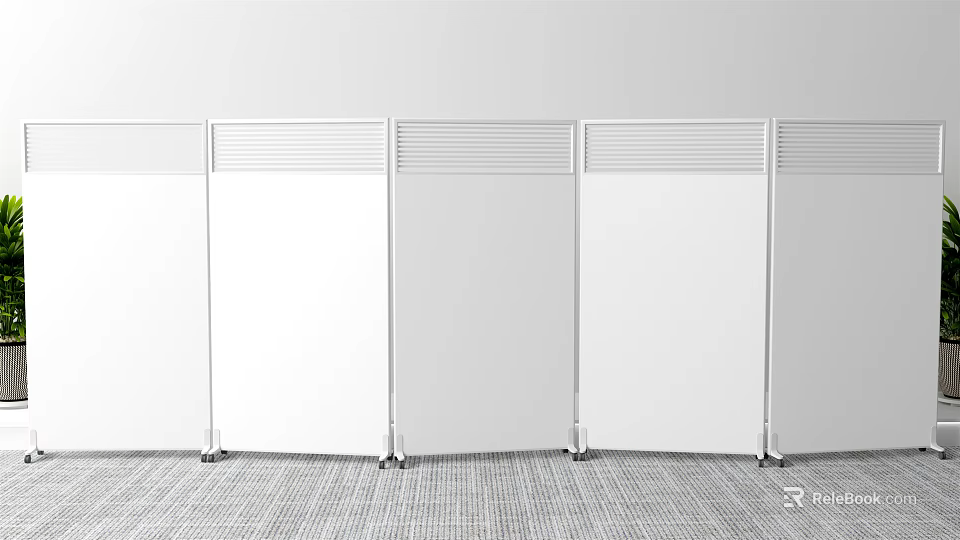 White Folding Room Divider with Multiple Panels and Wheels in Modern Interior Space 3d model