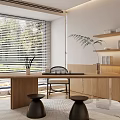 Modern Tea Room Interior With Wooden Table Tea Sets Green Plants And Natural Light