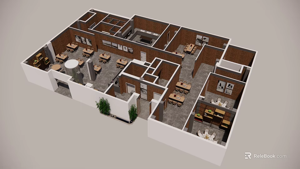 Restaurant Interior Layout with Multiple Seating Areas Tables and Decorative Plants 3d model