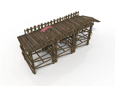 Detailed Wooden Bridge Model With Planked Deck And Side Fences Featuring Red Object On Surface 3d model