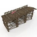 Detailed Wooden Bridge Model With Planked Deck And Side Fences Featuring Red Object On Surface 3d model