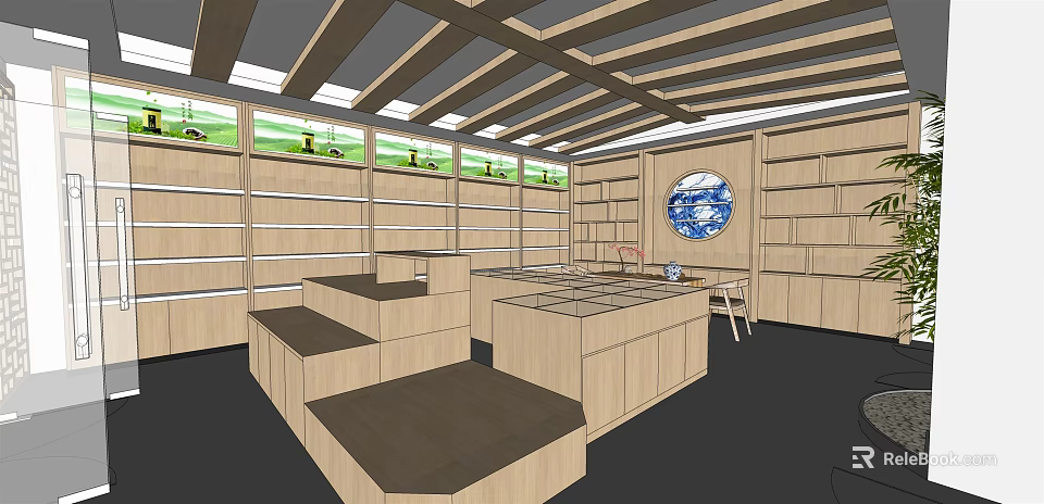 Specialty Store Interior Featuring Wooden Shelves Display Counters And Ceiling Structure 3d model 