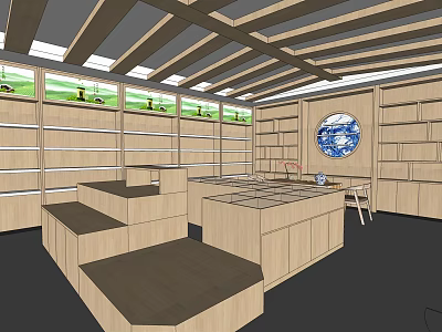 Specialty Store Interior Featuring Wooden Shelves Display Counters And Ceiling Structure 3d model