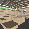 Specialty Store Interior Featuring Wooden Shelves Display Counters And Ceiling Structure