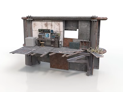 Vintage Industrial Workbench With Rusted Metal Broken Planks Pipes And Stacked Crates 3d model