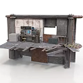 Vintage Industrial Workbench With Rusted Metal Broken Planks Pipes And Stacked Crates