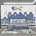 Cozy Kids Room Interior With Blue Walls House Pattern Hot Air Balloon And Dinosaur Toys