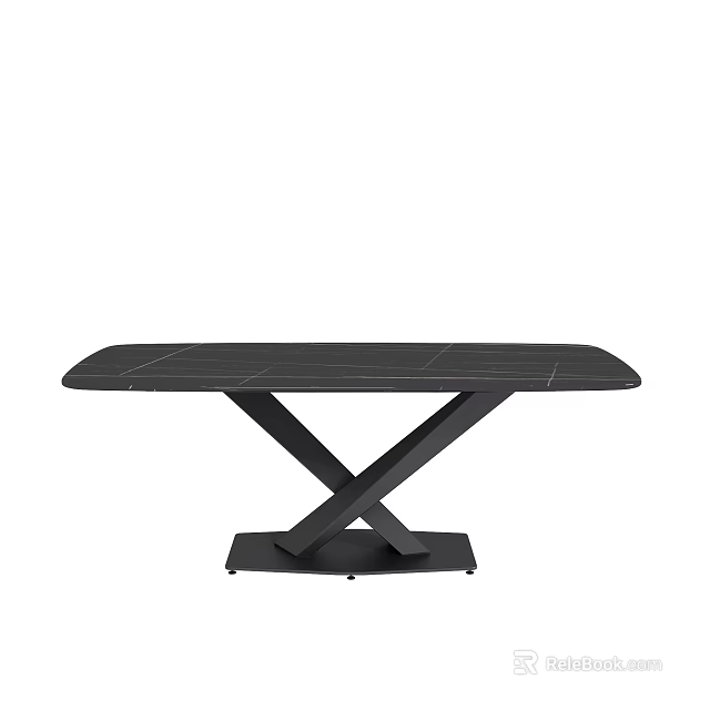 Modern Black Marble Dining Table With Striped Surface And Crossed Metal Legs 3d model 