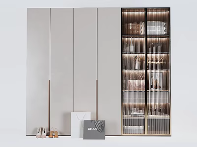 Modern Gray Wardrobe Design With Gold Accents Glass Doors And Storage Shelves 3d model