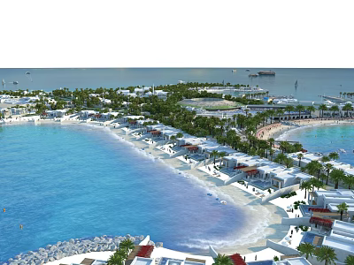Aerial Planning of Coastal Beachfront Area with White Buildings and Palm Trees 3d model