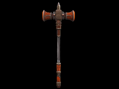 Medieval Fantasy War Hammer With Carved Metal Head And Wooden Handle 3d model