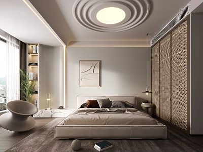 Modern Bedroom Interior Design With Round Ceiling Light Rattan Screen And Soft Rug 3d model