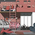 Pink Walled Kids Room With Bunk Bed Ladder Star Decor Striped Quilt and Round Mirrors