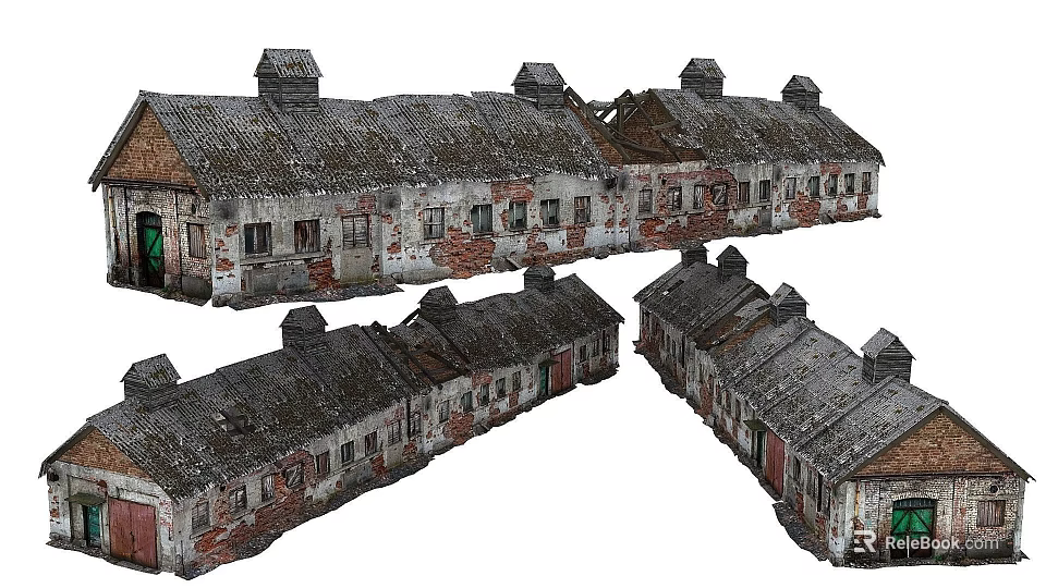 Old Industrial Factory Complex Featuring Connected Buildings Damaged Roofs And Weathered Brick Walls 3d model 