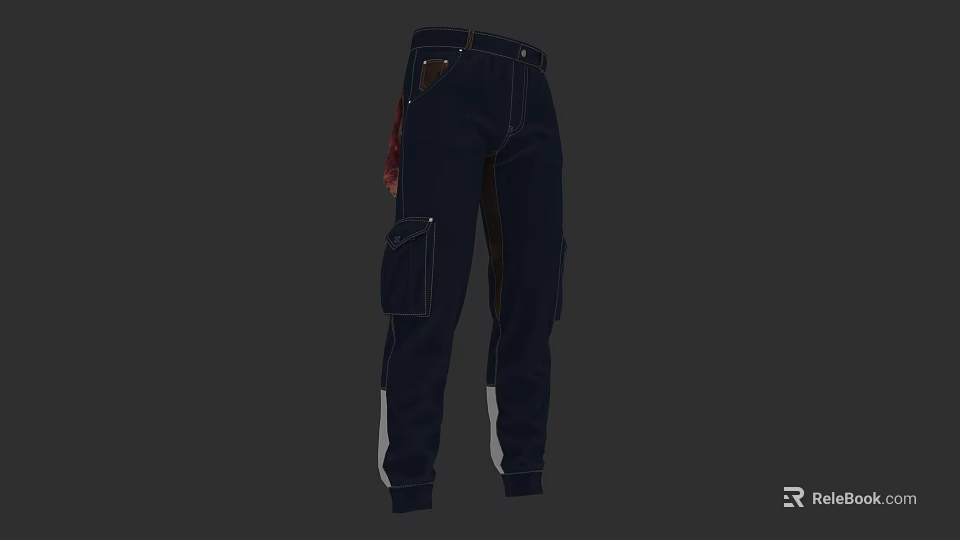 Dark Blue Workwear Cargo Pants With Multiple Pockets Contrast Stripe Cuffs And Red Accent 3d model 