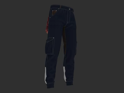 Dark Blue Workwear Cargo Pants With Multiple Pockets Contrast Stripe Cuffs And Red Accent 3d model