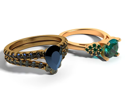 Luxury Golden Rings With Blue Teardrop And Green Center Gemstones Small Side Stones 3d model