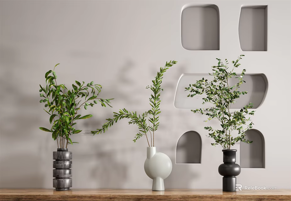 Stylish Vases With Leafy Green Plants On Wooden Tabletop Against Geometric Wall Niches 3d model 