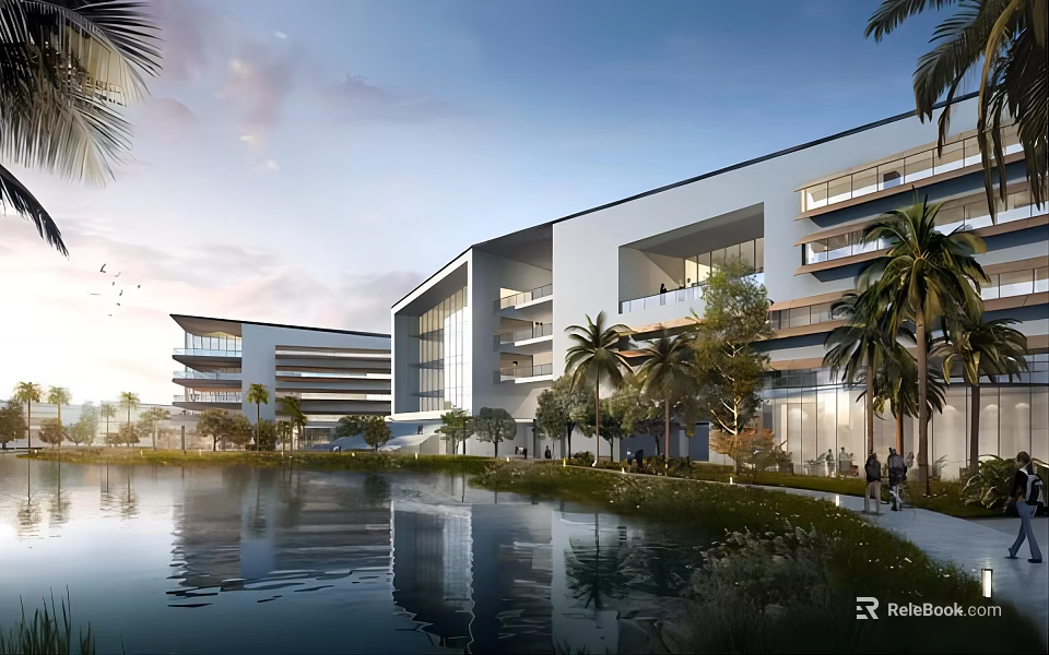 Modern Office Building With Open Architectural Design Lake View And Palm Trees Landscaping 3d model 