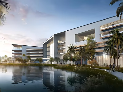 Modern Office Building With Open Architectural Design Lake View And Palm Trees Landscaping 3d model