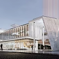 Modern Sales Office Building With Glass Curtain Wall Stone Facade And Urban Pedestrians