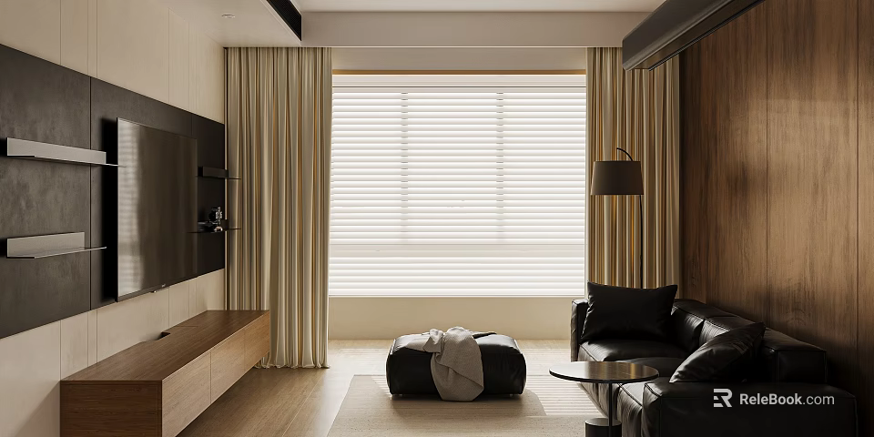 Modern Living Room Interior With Wooden TV Cabinet Beige Curtains Blinds And Black Leather Sofa 3d model 