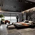 Modern Bedroom Interior With Large Bed Floor To Ceiling Windows Green Plants And Marble Flooring