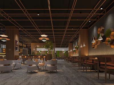Modern Café Interior Design With Wooden Ceiling Hanging Lights Tables Chairs Green Plants 3d model