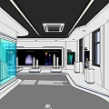 Modern Hi tech Interior Space With Glass Walls And Digital Screens Showing Night Fireworks