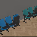 Blue Teal Public Chairs With Armrests Small Tables Against Gray Wall Herringbone Wood Floor