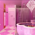 Romantic Hotel Room With Pink Walls White Female Silhouettes TV Rose And Bathtub