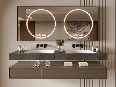 Modern Wooden Bathroom Vanity Cabinet with Double Sinks Lighted Round Mirrors and Drawers 3d model