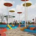 Colorful Children's Playground with Slides Swings and Umbrella Shades in Green Grass Area