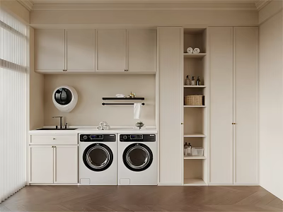 Home Balcony Interior With White Cabinets Double Washing Machines Dryer Sink And Storage Shelves 3d model