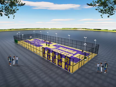 Outdoor Basketball Court With Purple And Yellow Floor Surrounding Fencing And Pole Lights 3d model