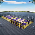 Outdoor Basketball Court With Purple And Yellow Floor Surrounding Fencing And Pole Lights