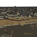 Cartoon Scenery Of Ancient City With City Wall Working People And Distant Buildings